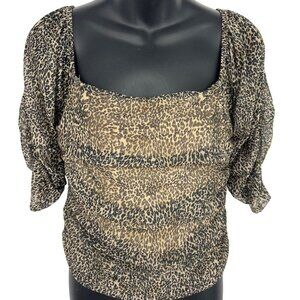 Anthropologie Top Blouse Medium Animal Square Neck Puff Short Sleeve Ruched New